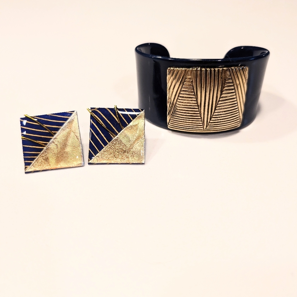Vintage Navy Cuff Bracelet Gold Triangle Art Deco Earrings